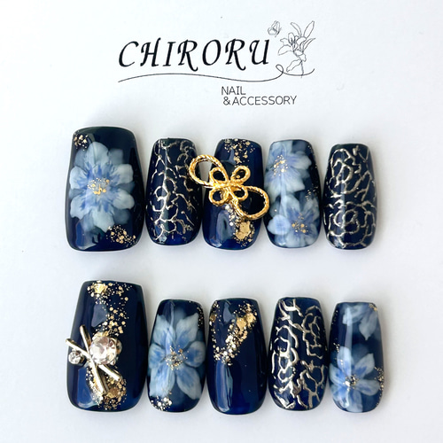 和柄ネイビー上品ネイル 成人式 結婚式 お正月に ネイルチップ（つけ爪