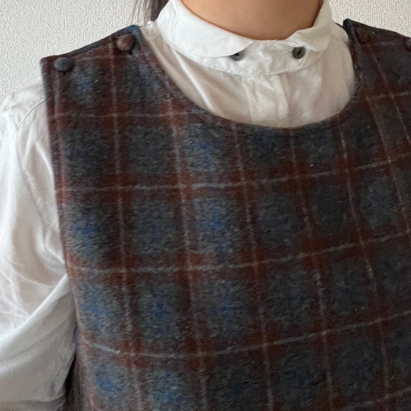 タックスカートワンピース（裏地付き）/チャコール×ブラウン系 ウール混ツイードチェック 14枚目の画像