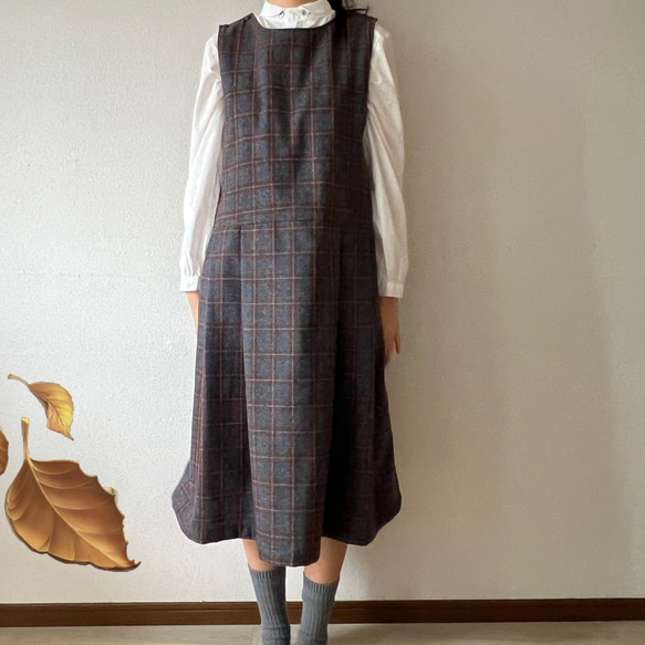 タックスカートワンピース（裏地付き）/チャコール×ブラウン系 ウール混ツイードチェック 5枚目の画像