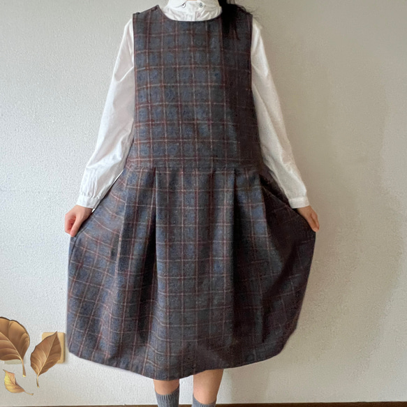 タックスカートワンピース（裏地付き）/チャコール×ブラウン系 ウール混ツイードチェック 15枚目の画像