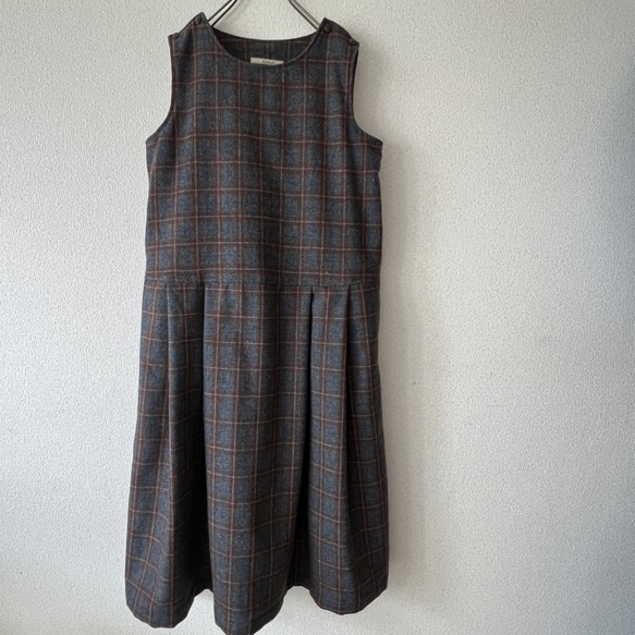 タックスカートワンピース（裏地付き）/チャコール×ブラウン系 ウール混ツイードチェック 3枚目の画像