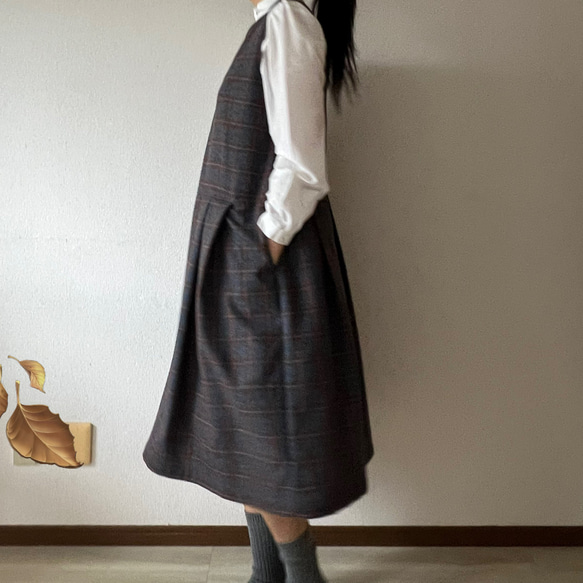 タックスカートワンピース（裏地付き）/チャコール×ブラウン系 ウール混ツイードチェック 19枚目の画像