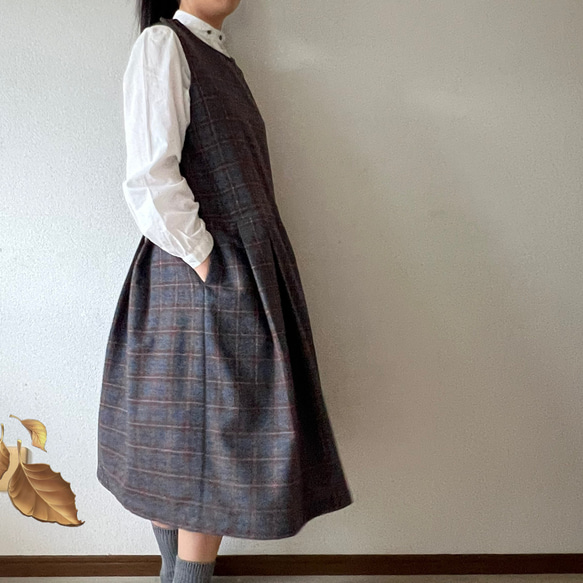タックスカートワンピース（裏地付き）/チャコール×ブラウン系 ウール混ツイードチェック 6枚目の画像