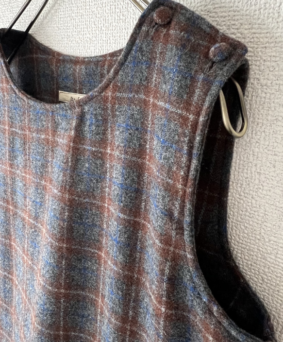 タックスカートワンピース（裏地付き）/チャコール×ブラウン系 ウール混ツイードチェック 8枚目の画像