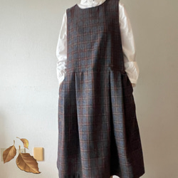 タックスカートワンピース（裏地付き）/チャコール×ブラウン系 ウール混ツイードチェック 16枚目の画像