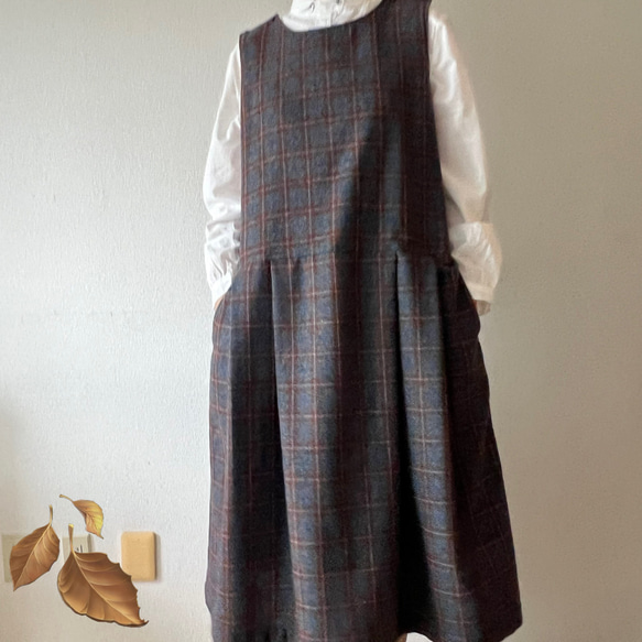 タックスカートワンピース（裏地付き）/チャコール×ブラウン系 ウール混ツイードチェック 16枚目の画像