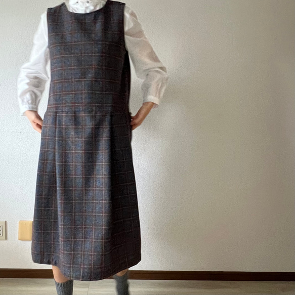 タックスカートワンピース（裏地付き）/チャコール×ブラウン系 ウール混ツイードチェック 2枚目の画像