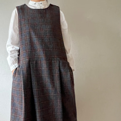 タックスカートワンピース（裏地付き）/チャコール×ブラウン系 ウール混ツイードチェック 1枚目の画像