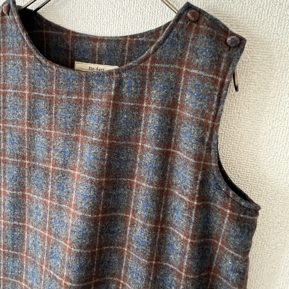 タックスカートワンピース（裏地付き）/チャコール×ブラウン系 ウール混ツイードチェック 11枚目の画像