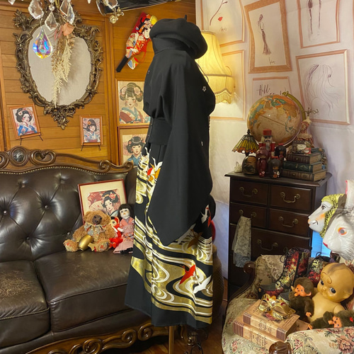 留袖 ワンピース 和洋折衷 黒留袖 着物 リメイク ワンピース ドレス 洗える 化繊 漆黒に