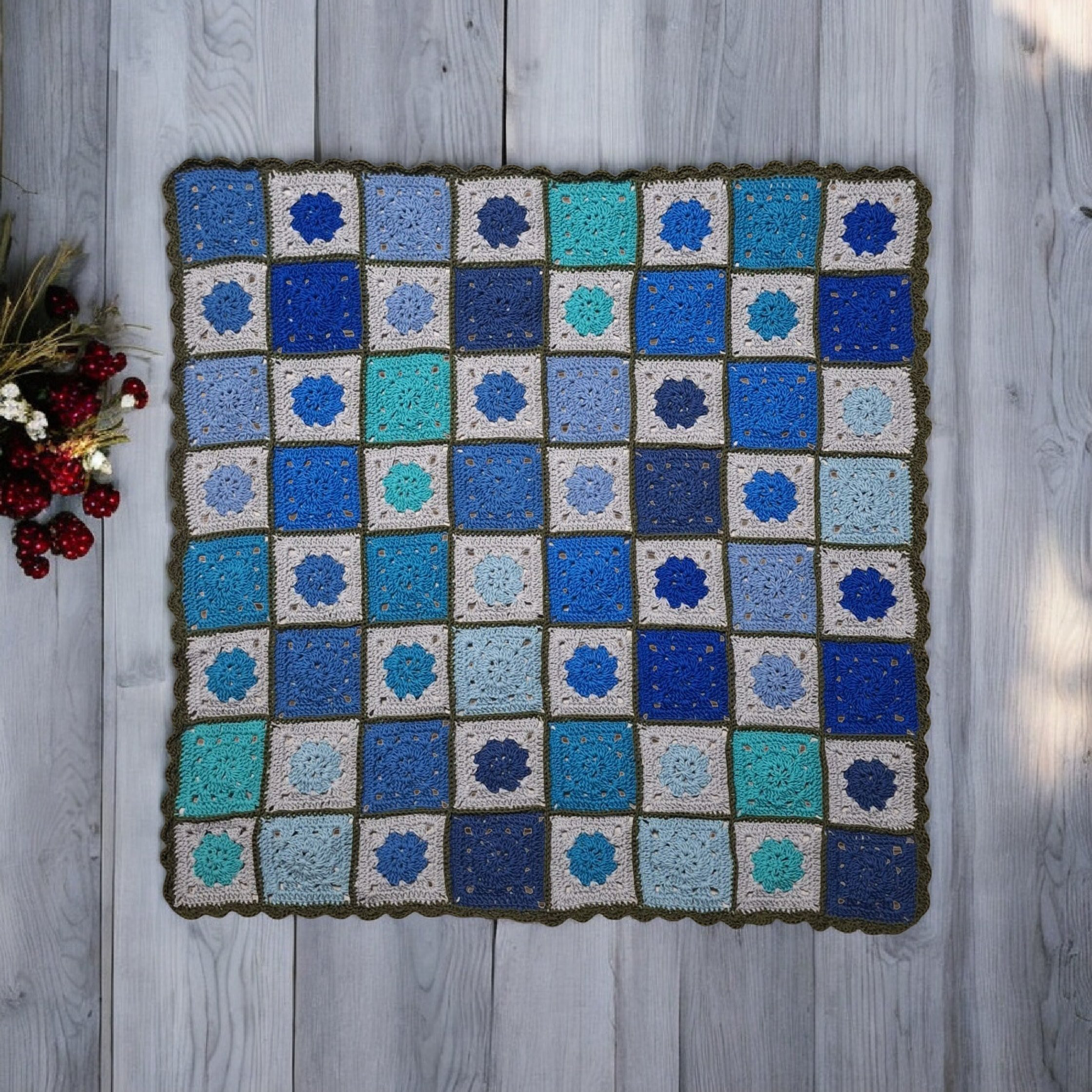 アクアガーデン手編みブランケット：爽やかブルー・おくるみ・一点物・かぎ針編み