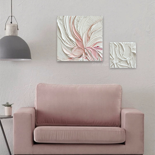 原画L・Garden・ピンクホワイト/モダンアート・北欧 インテリア