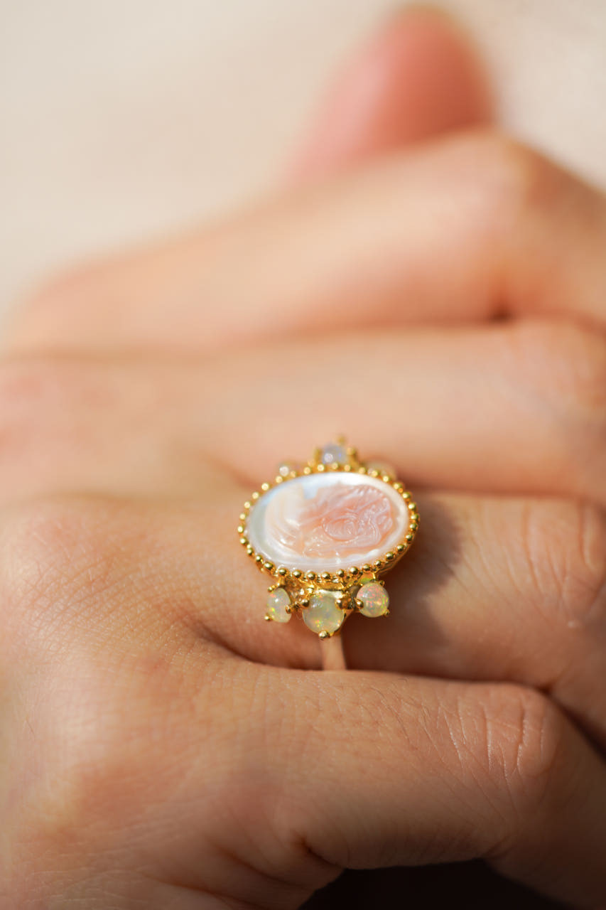 Hand Crafted Natural Pink mother of pearl Opal Silver Ring
