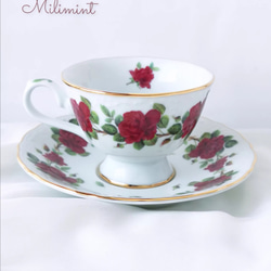 【受注制作】赤い薔薇のリース ティーセット(カップ＆ソーサー1点、19.4cmプレート1点)　ローズリース　レッド　 6枚目の画像