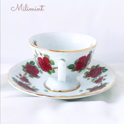 【受注制作】赤い薔薇のリース ティーセット(カップ＆ソーサー1点、19.4cmプレート1点)　ローズリース　レッド　 8枚目の画像