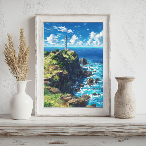 高知・足摺岬】詩的な海と灯台の風景画｜水彩×水墨風アート インテリア