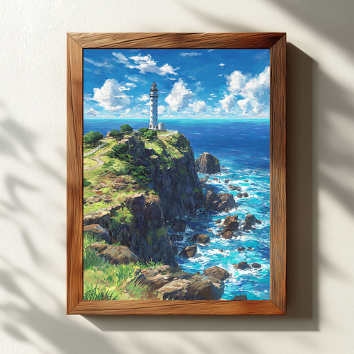 高知・足摺岬】詩的な海と灯台の風景画｜水彩×水墨風アート インテリア