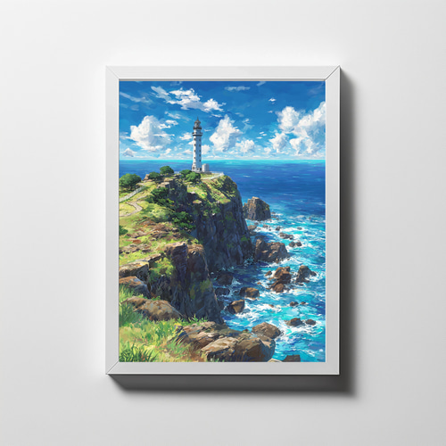 高知・足摺岬】詩的な海と灯台の風景画｜水彩×水墨風アート インテリア