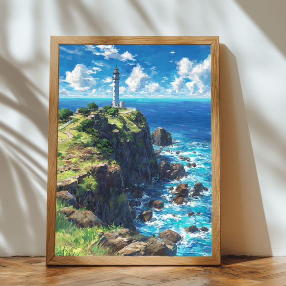 高知・足摺岬】詩的な海と灯台の風景画｜水彩×水墨風アート インテリア