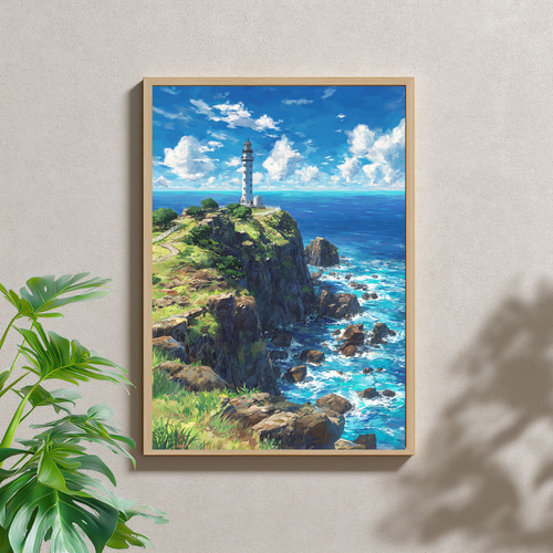 高知・足摺岬】詩的な海と灯台の風景画｜水彩×水墨風アート インテリア