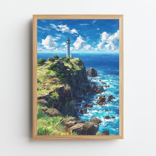 高知・足摺岬】詩的な海と灯台の風景画｜水彩×水墨風アート インテリア