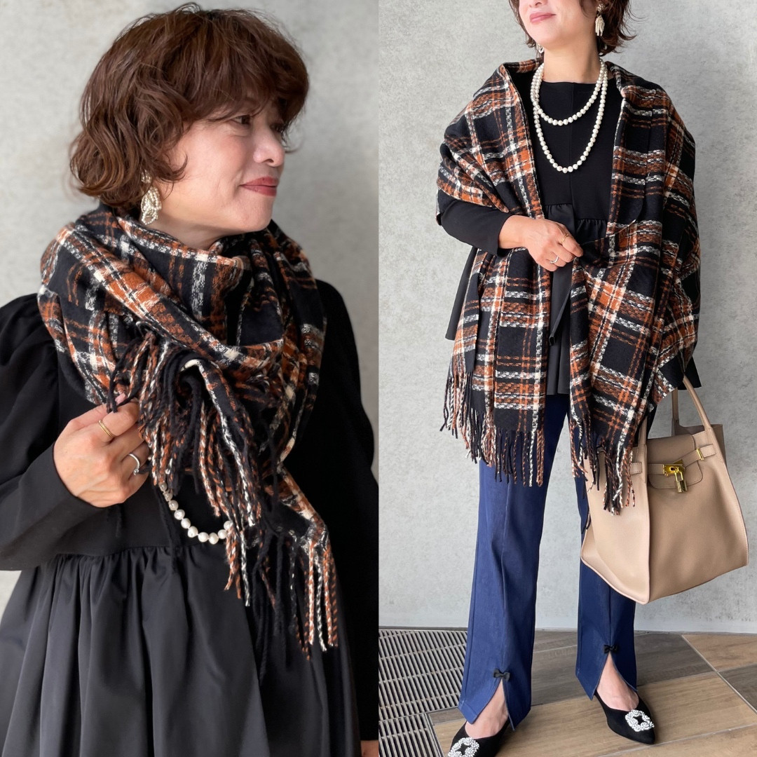 保温効果♡とろける肌触り♡184×70 大判チェックストール♡軽量 体型カバー 差し色 黒■KMC-147 751257 5,235円