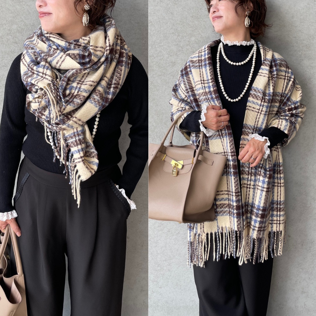 保温効果♡とろける肌触り♡184×70 大判チェックストール♡軽量 体型カバー 差し色 白■KMC-147 528736