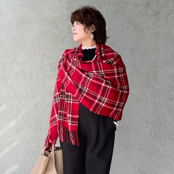 保温効果♡とろける肌触り♡184×70 大判チェックストール♡軽量 体型カバー 差し色 赤■KMC-147 841995 9枚目の画像
