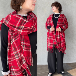 保温効果♡とろける肌触り♡184×70 大判チェックストール♡軽量 体型カバー 差し色 赤■KMC-147 841995 1枚目の画像