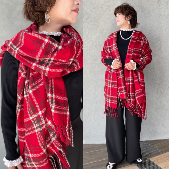 保温効果♡とろける肌触り♡184×70 大判チェックストール♡軽量 体型カバー 差し色 赤■KMC-147 841995 1枚目の画像