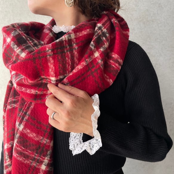 保温効果♡とろける肌触り♡184×70 大判チェックストール♡軽量 体型カバー 差し色 赤■KMC-147 841995 16枚目の画像