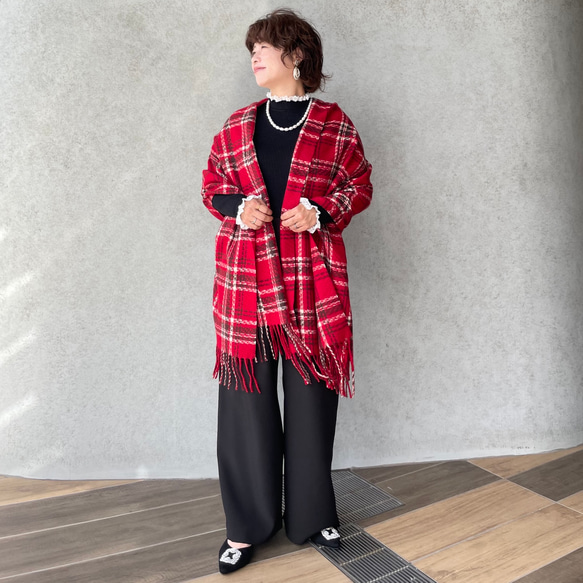 保温効果♡とろける肌触り♡184×70 大判チェックストール♡軽量 体型カバー 差し色 赤■KMC-147 841995 8枚目の画像