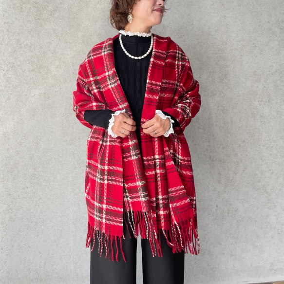 保温効果♡とろける肌触り♡184×70 大判チェックストール♡軽量 体型カバー 差し色 赤■KMC-147 841995 2枚目の画像