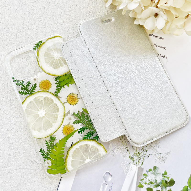 手帳型押し花スマホケース、レモン、5色、全機種対応、iPhone17、iPhone17Pro、iPhone16