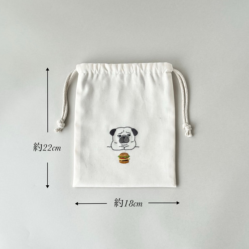 新作】＊手刺繍＊巾着ポーチ（パグとハンバーガー） 巾着袋 ココカカオ