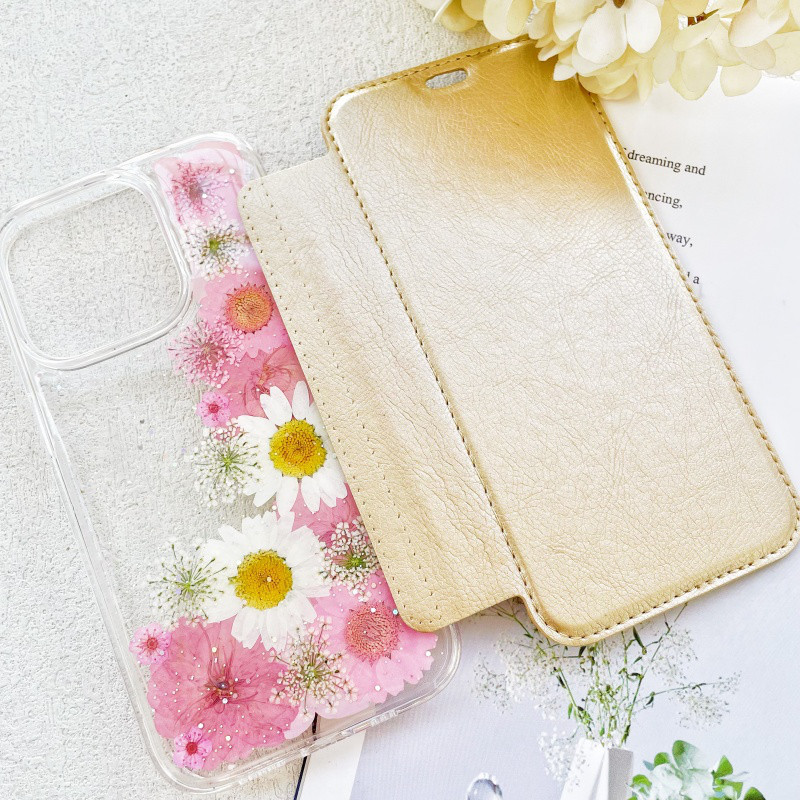 5色、手帳型押し花スマホケース、紫陽花、桜（さくら）、iPhone全機種対応、iPhone17、iPhone17Pro