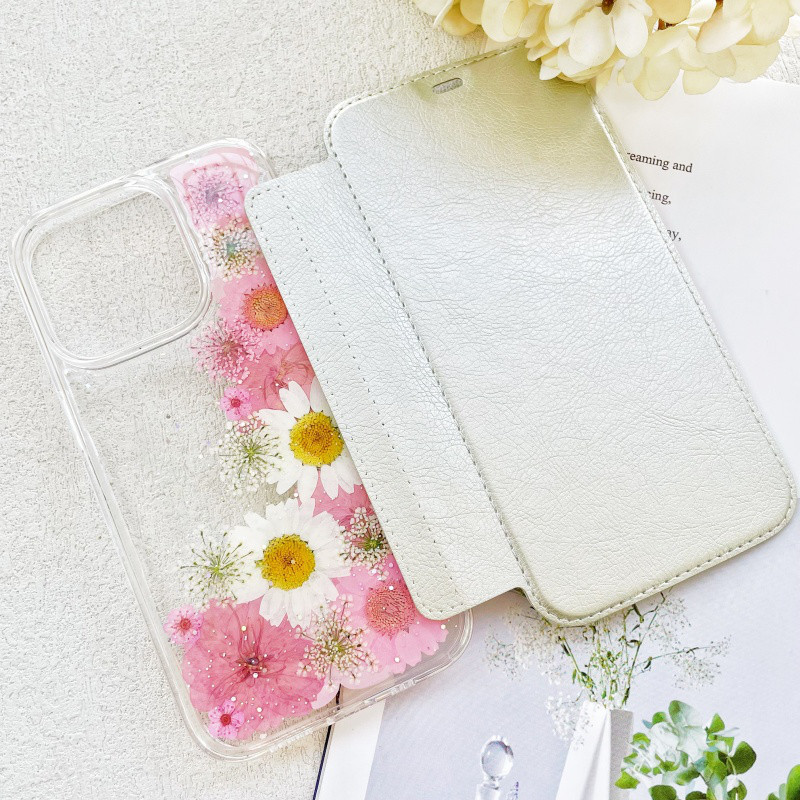 5色、手帳型押し花スマホケース、紫陽花、桜（さくら）、iPhone全機種対応、iPhone17、iPhone17Pro