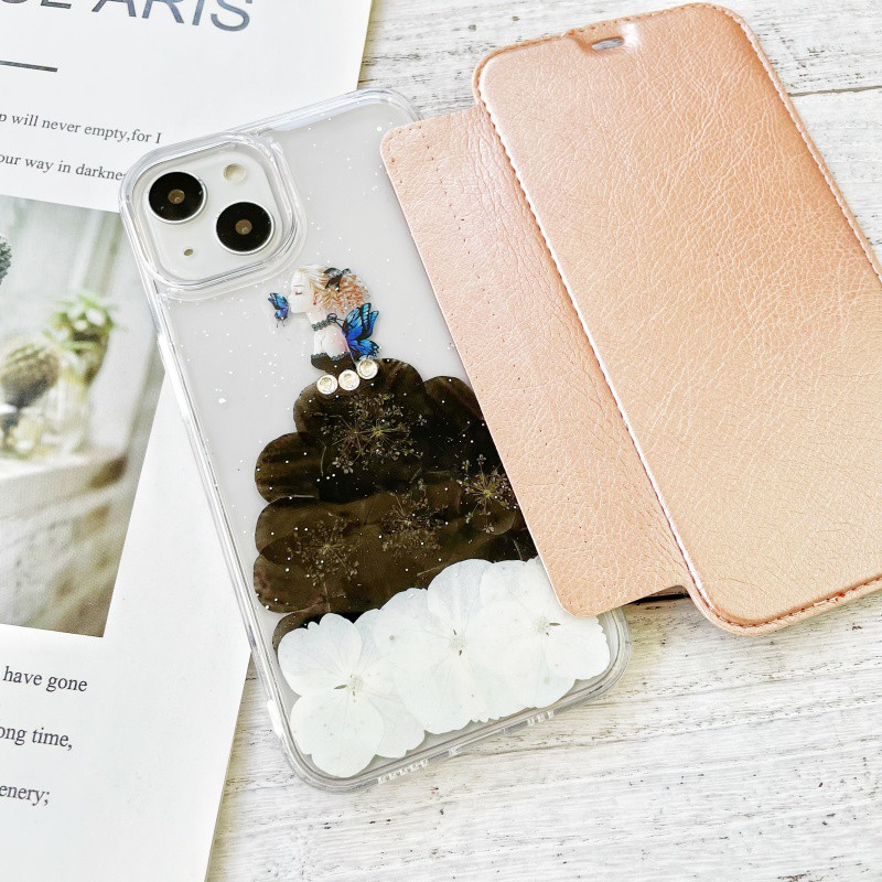 手帳型押し花スマホケース、5色、紫陽花、全機種対応、iPhone17、iPhone17Pro、iPhone16