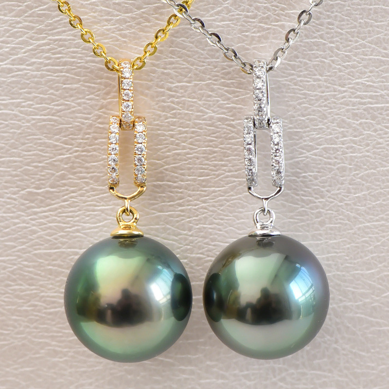 ルミナ 18K ゴールド タヒチアン ブラックパール ペンダント 8-12mm 天然海水パール シングル ピーコックグリーン 鎖