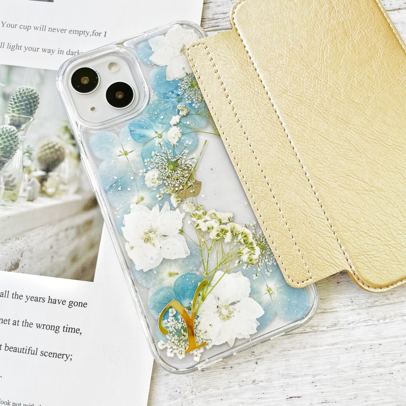 手帳型押し花スマホケース、5色、かすみ草、紫陽花、全機種対応、iPhone17、iPhone17Pro、iPhone16