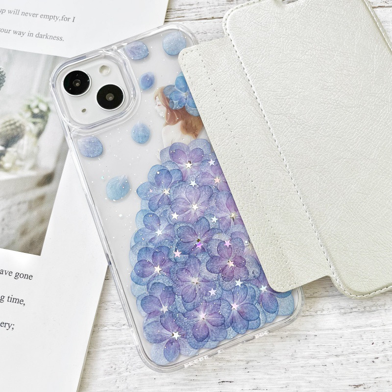 手帳型押し花スマホケース、5色、紫陽花、全機種対応、iPhone17、iPhone17Pro、iPhone16