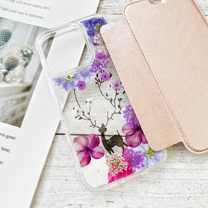 手帳型押し花スマホケース、5色、紫陽花、鹿、全機種対応、iPhone17、iPhone17Pro、iPhone16