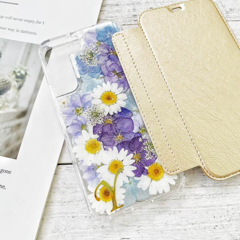 手帳型押し花スマホケース、5色、紫陽花、全機種対応、iPhone17、iPhone17Pro、iPhone16