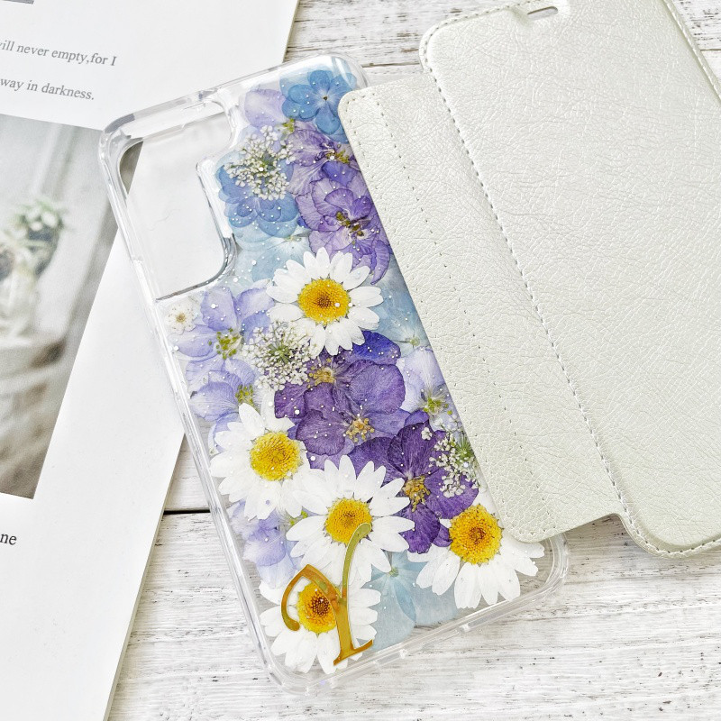 手帳型押し花スマホケース、5色、紫陽花、全機種対応、iPhone17、iPhone17Pro、iPhone16