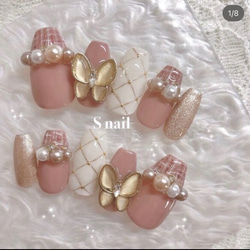 ネイルチップ ピンク 青 ブルー 水色 マグネットネイル 蝶々 ストーン