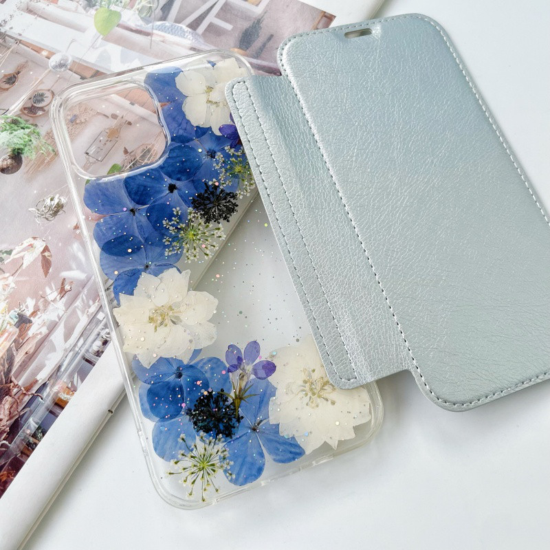 手帳型押し花スマホケース、紫陽花、全機種対応、5色、iPhone17、iPhone17Pro、iPhone16