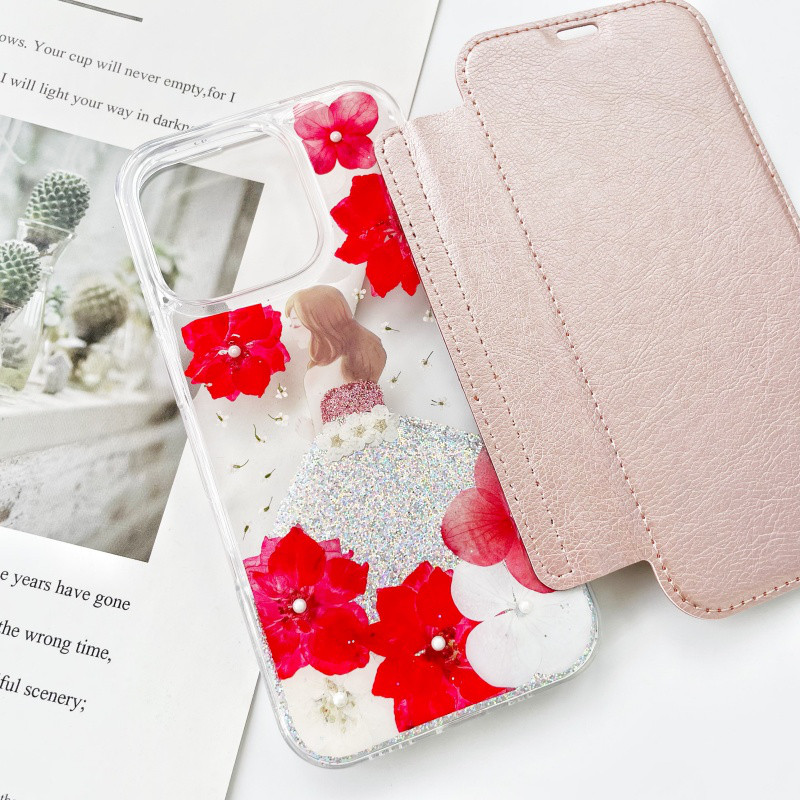 手帳型押し花スマホケース、5色、紫陽花、全機種対応、iPhone17、iPhone17Pro、iPhone16