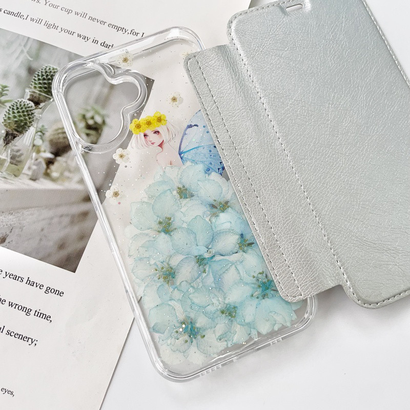 手帳型押し花スマホケース、5色、全機種対応、iPhone17、iPhone17Pro、iPhone16、iPhone15