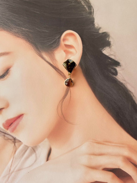 萩焼　金継ぎ　ネジバネ式イヤリング　茶色　揺れる　 伝統工芸　＃335 8枚目の画像