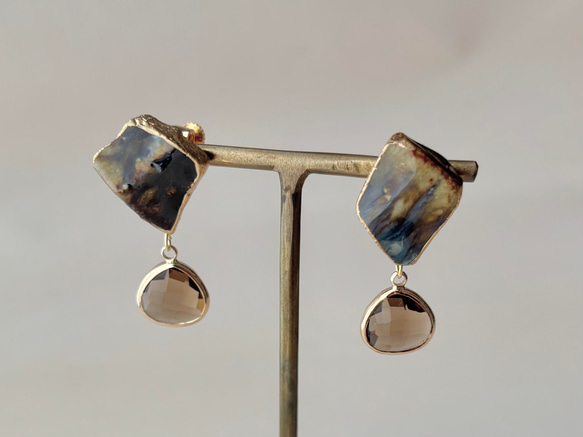 萩焼　金継ぎ　ネジバネ式イヤリング　茶色　揺れる　 伝統工芸　＃335 1枚目の画像